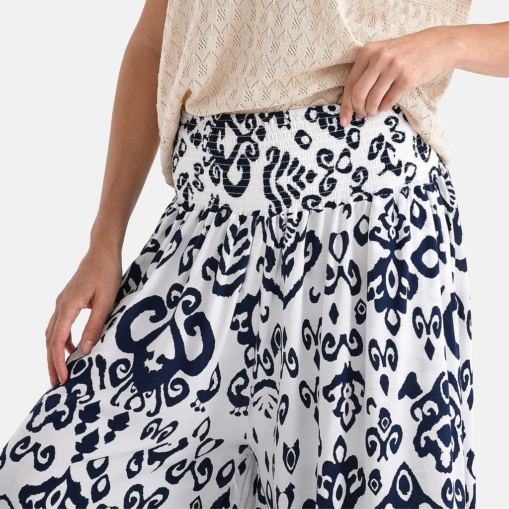 100% Viscose Tamsy Relaxed Fit Bohemian Print Smocked Waist Culottes (One Size Curve) - White & Blue