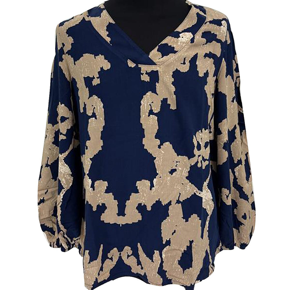 Closeout Deal- V-Neck Printed Balloon Sleeve Top (Size L) - Dark Blue
