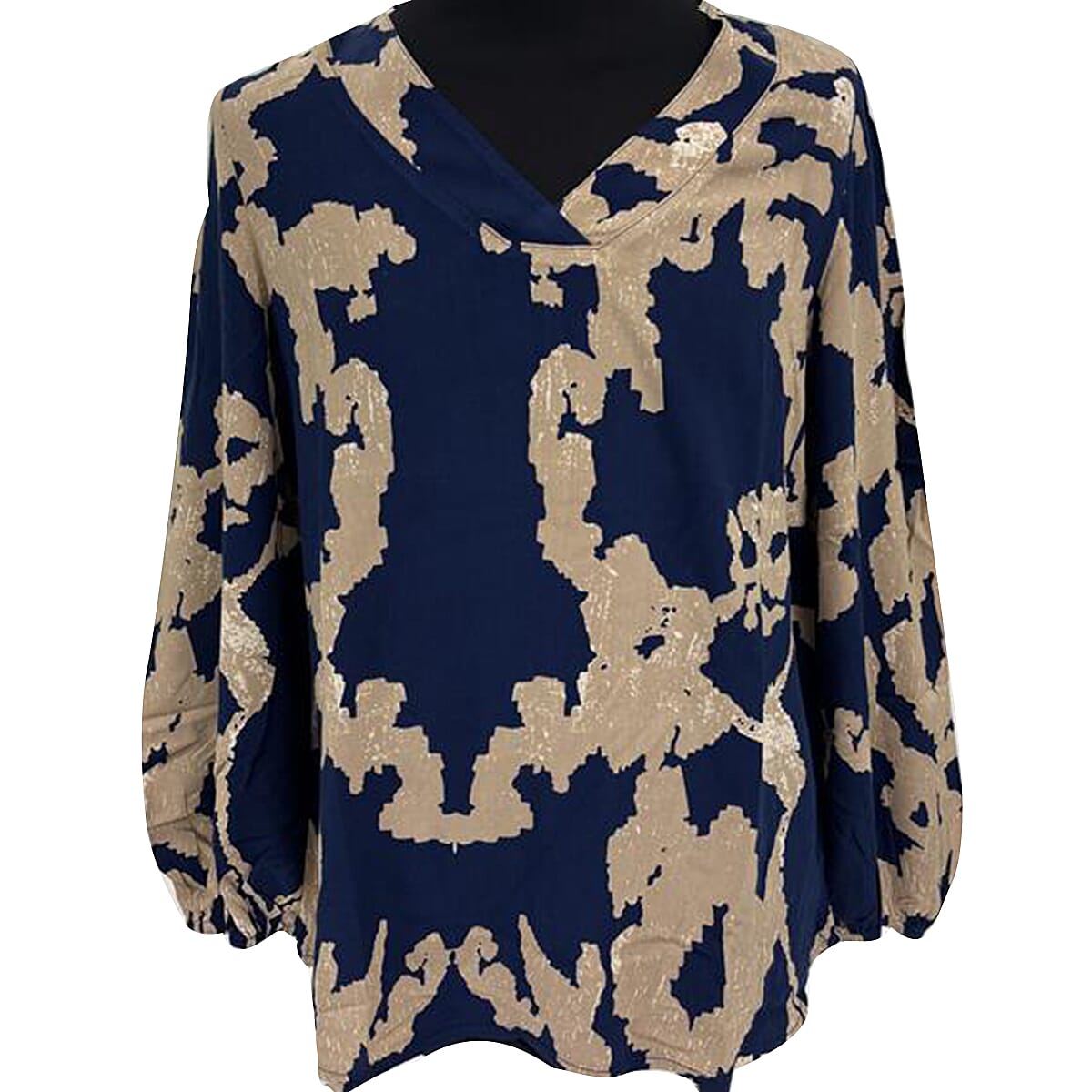 Closeout Deal- V-Neck Printed Balloon Sleeve Top (Size L) - Dark Blue