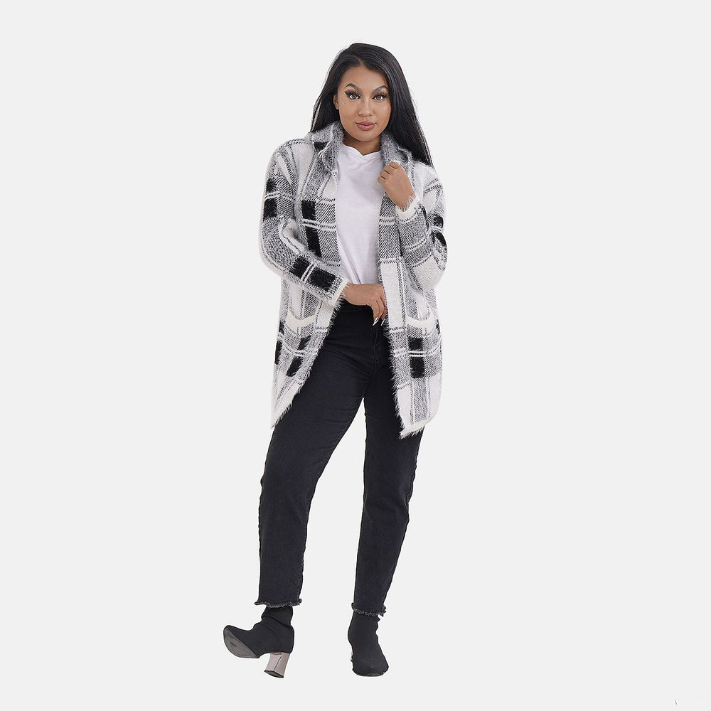 Check Pattern Winter Hoodie Coatigan (One Siz Upto 22) - Black - White