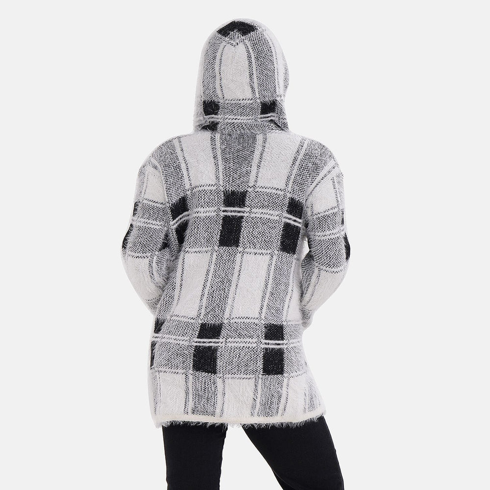 Check Pattern Winter Hoodie Coatigan (One Siz Upto 22) - Black - White