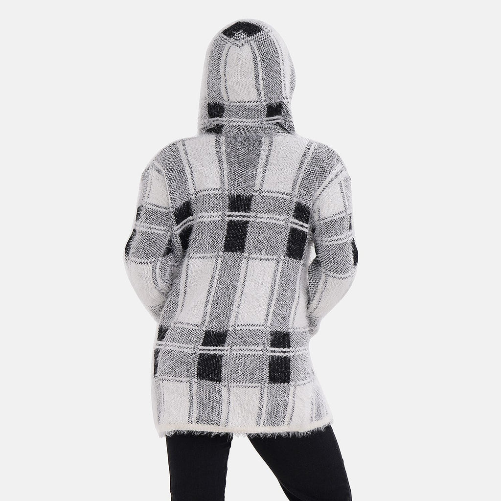Check Pattern Winter Hoodie Coatigan (One Siz Upto 22) - Black - White