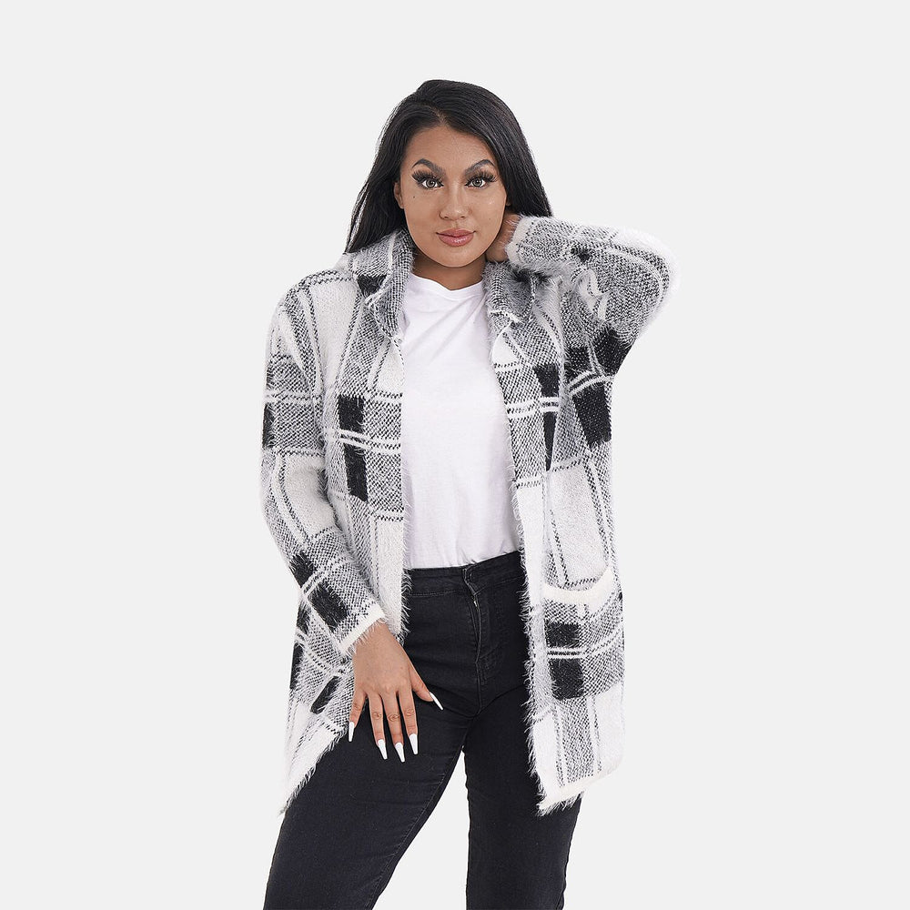 Check Pattern Winter Hoodie Coatigan (One Siz Upto 22) - Black - White