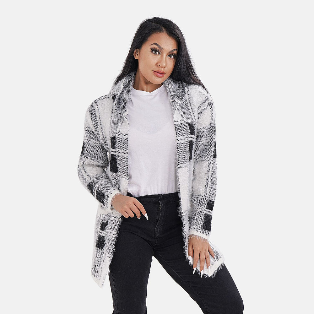 Check Pattern Winter Hoodie Coatigan (One Siz Upto 22) - Black - White
