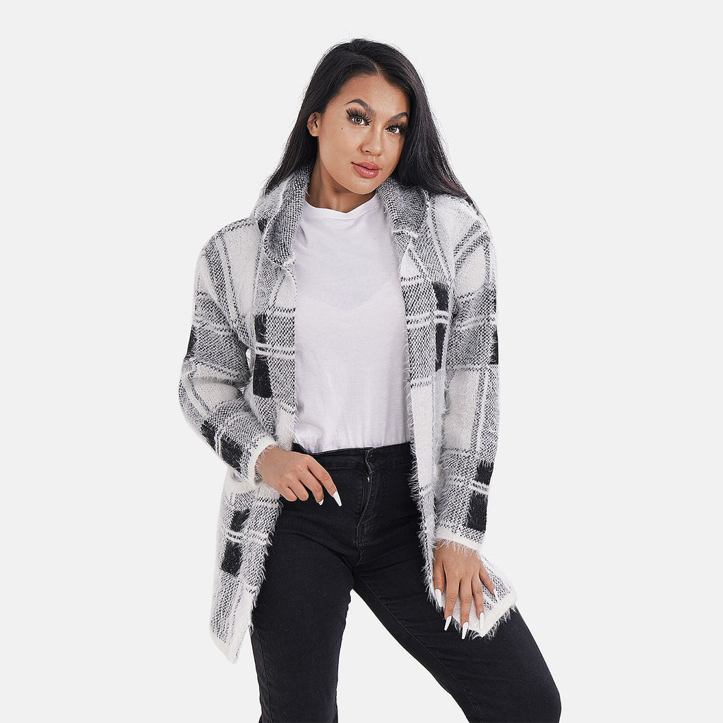 Check Pattern Winter Hoodie Coatigan (One Siz Upto 22) - Black - White