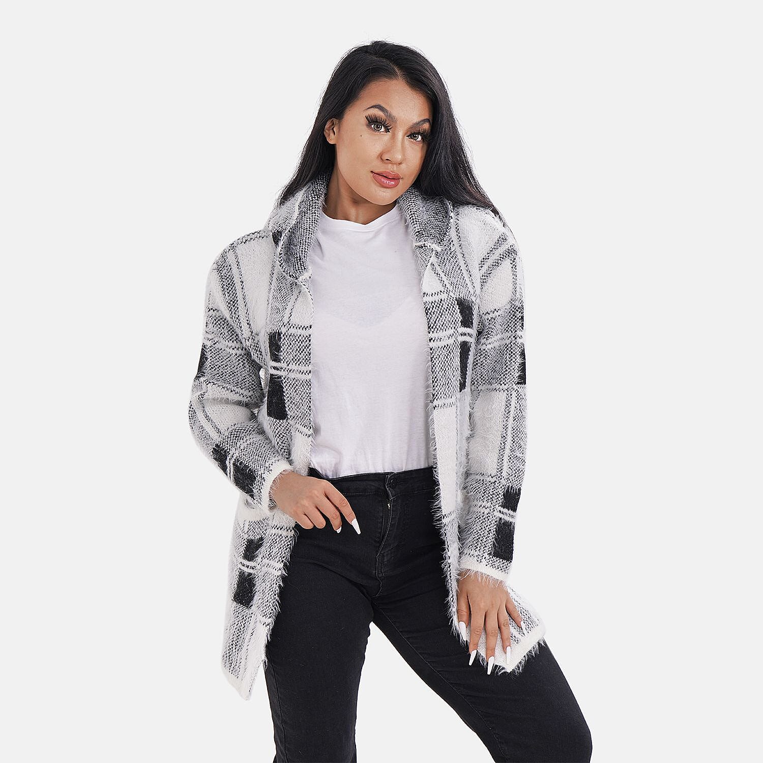 Check Pattern Winter Hoodie Coatigan (One Siz Upto 22) - Black - White