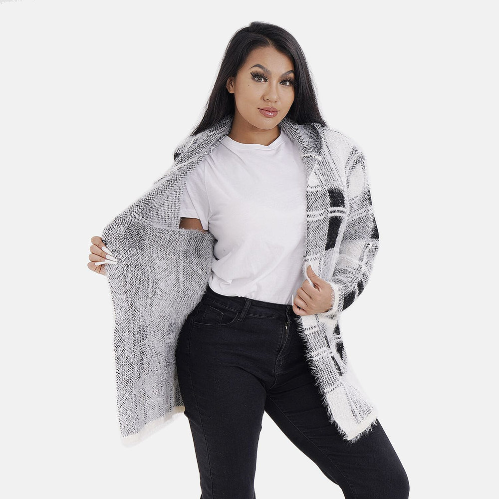 Check Pattern Winter Hoodie Coatigan (One Siz Upto 22) - Black - White