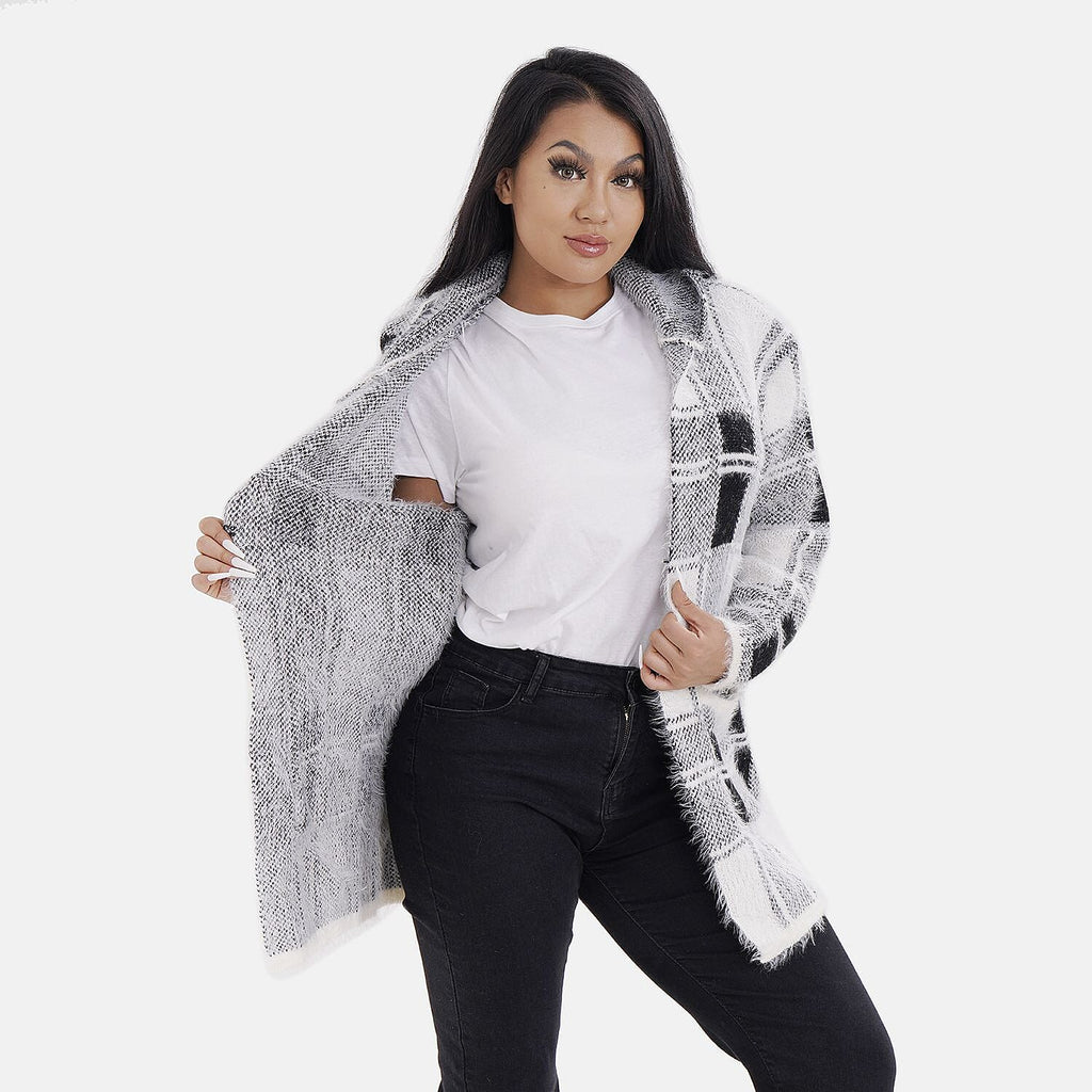 Check Pattern Winter Hoodie Coatigan (One Siz Upto 22) - Black - White