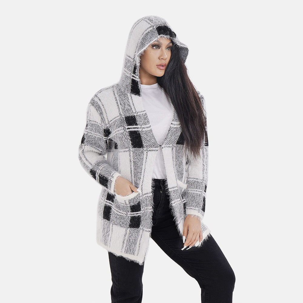 Check Pattern Winter Hoodie Coatigan (One Siz Upto 22) - Black - White