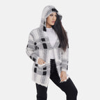 Check Pattern Winter Hoodie Coatigan (One Siz Upto 22) - Black - White