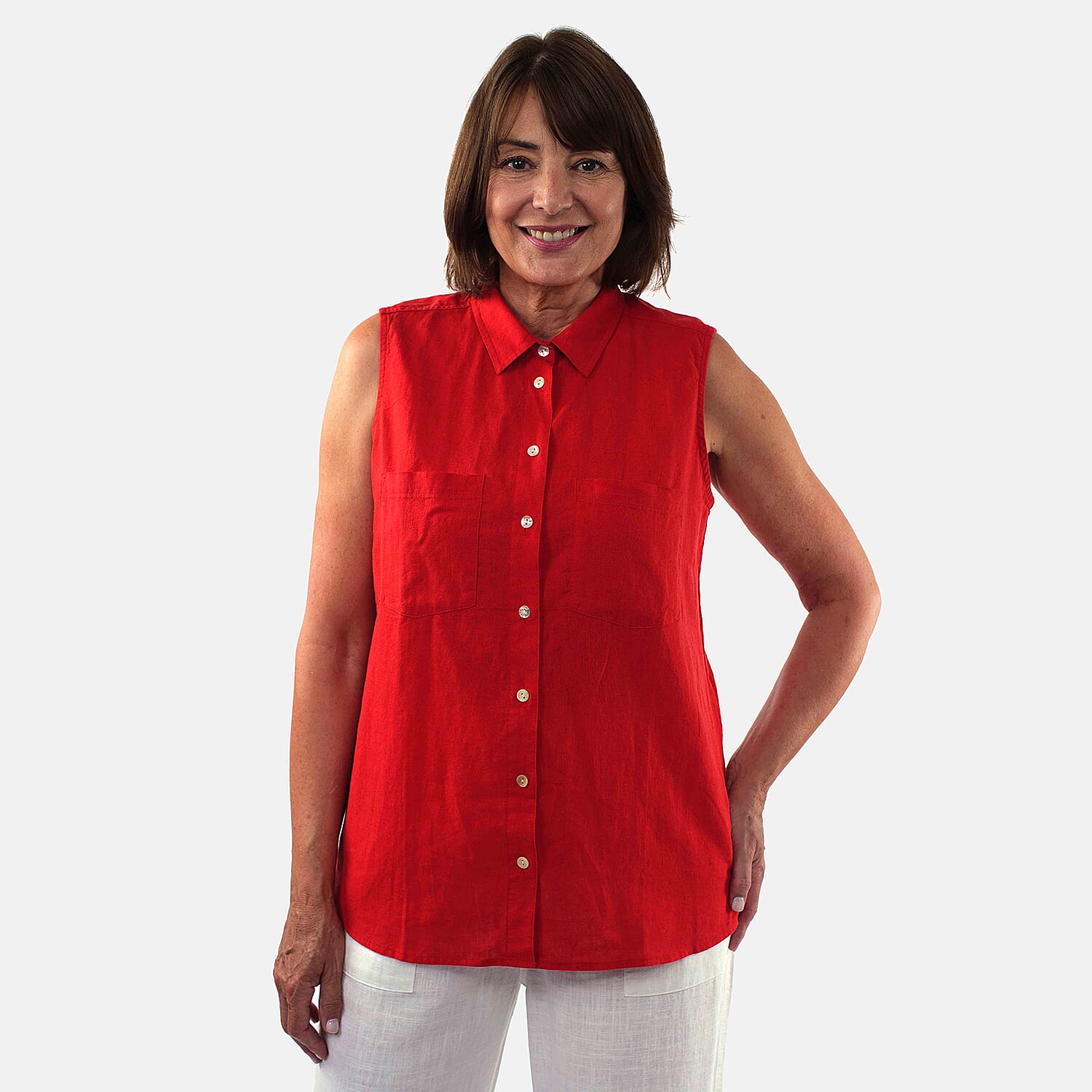 TAMSY Linen Sleeveless Button Through Shirt with Patch Pockets (Size 12) - Red