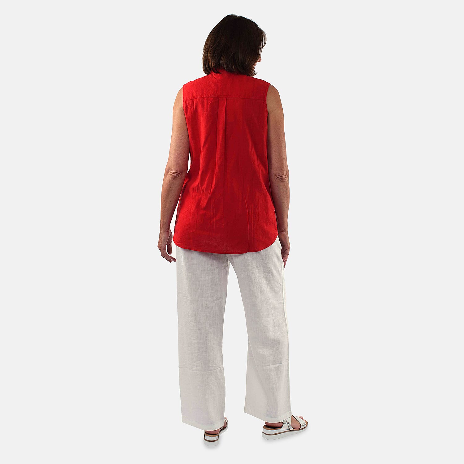 TAMSY Linen Sleeveless Button Through Shirt with Patch Pockets (Size 12) - Red