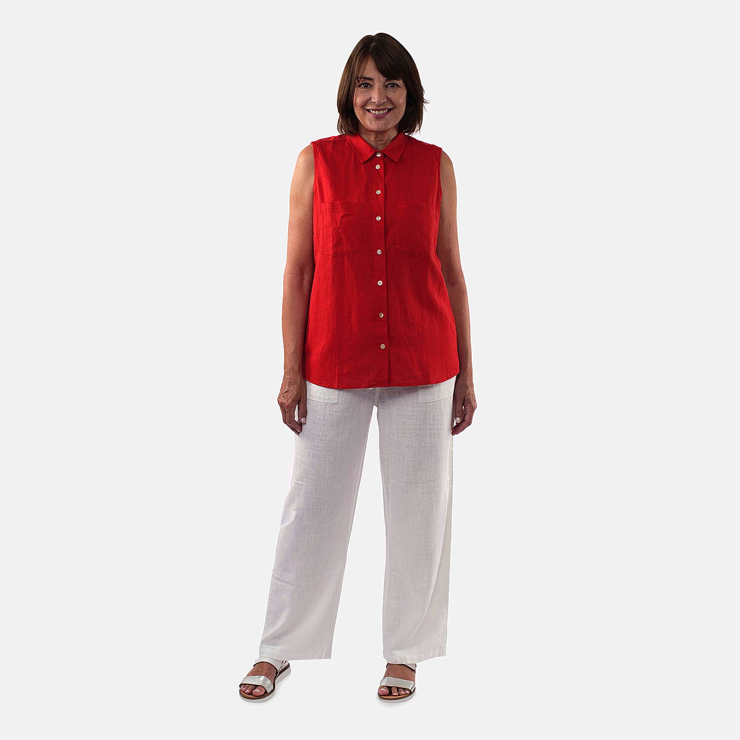 TAMSY Linen Sleeveless Button Through Shirt with Patch Pockets (Size 12) - Red