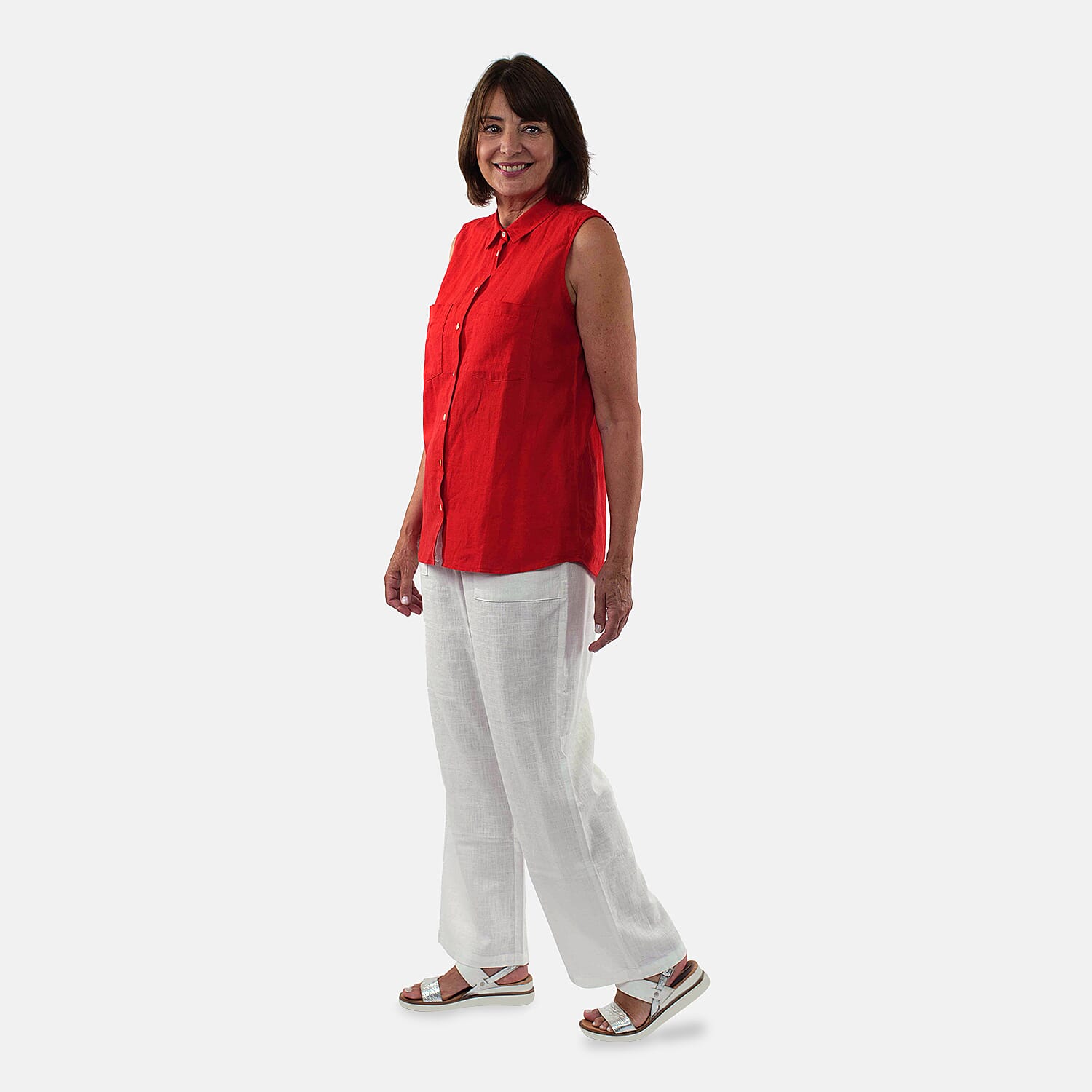 TAMSY Linen Sleeveless Button Through Shirt with Patch Pockets (Size 16) - Red