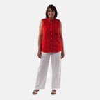 TAMSY Linen Sleeveless Button Through Shirt with Patch Pockets (Size 16) - Red