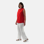 TAMSY Linen Sleeveless Button Through Shirt with Patch Pockets (Size 18) - Red