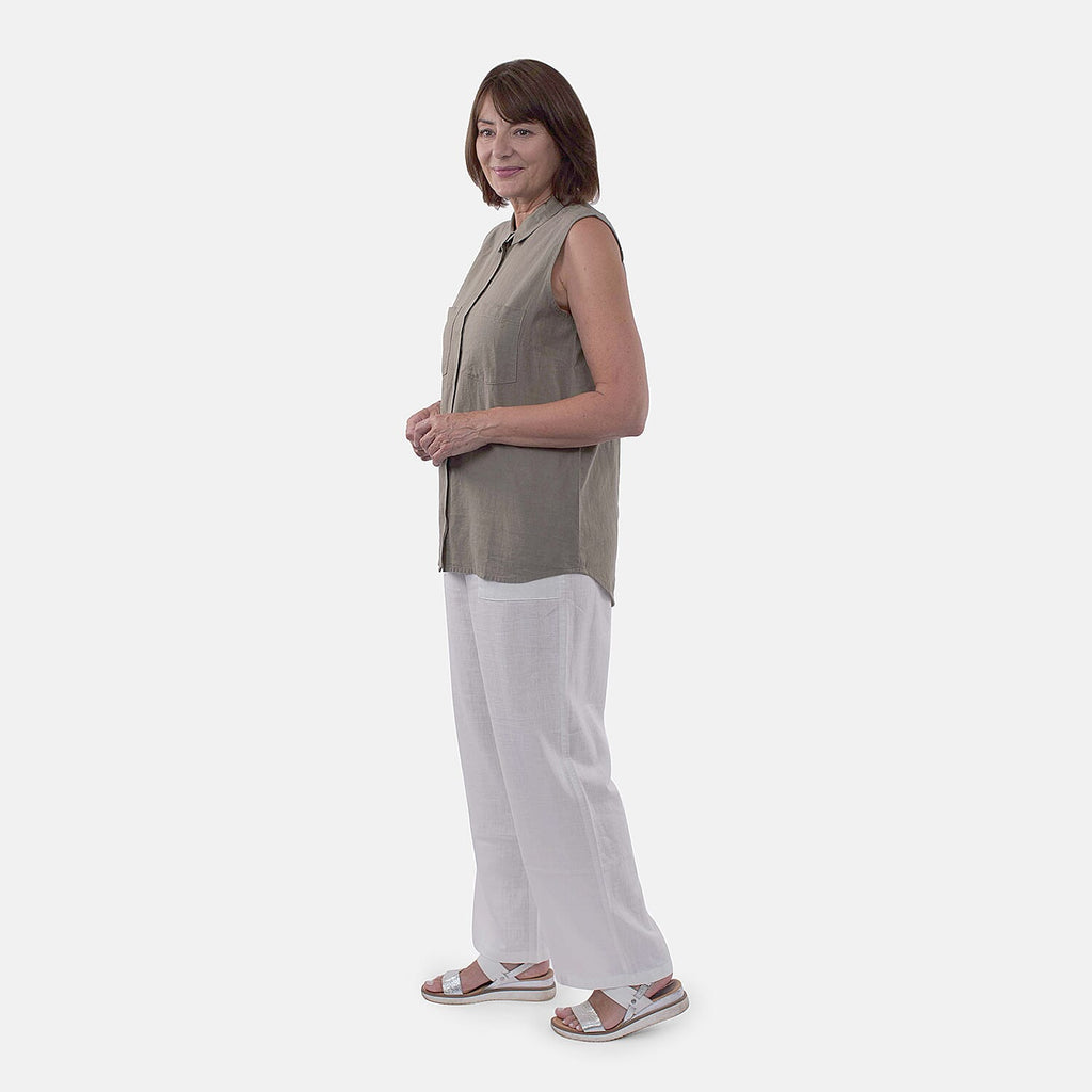 TAMSY Linen Sleeveless Button Through Shirt with Patch Pockets (Size 12) - Olive