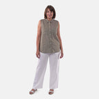 TAMSY Linen Sleeveless Button Through Shirt with Patch Pockets (Size 16) - Olive