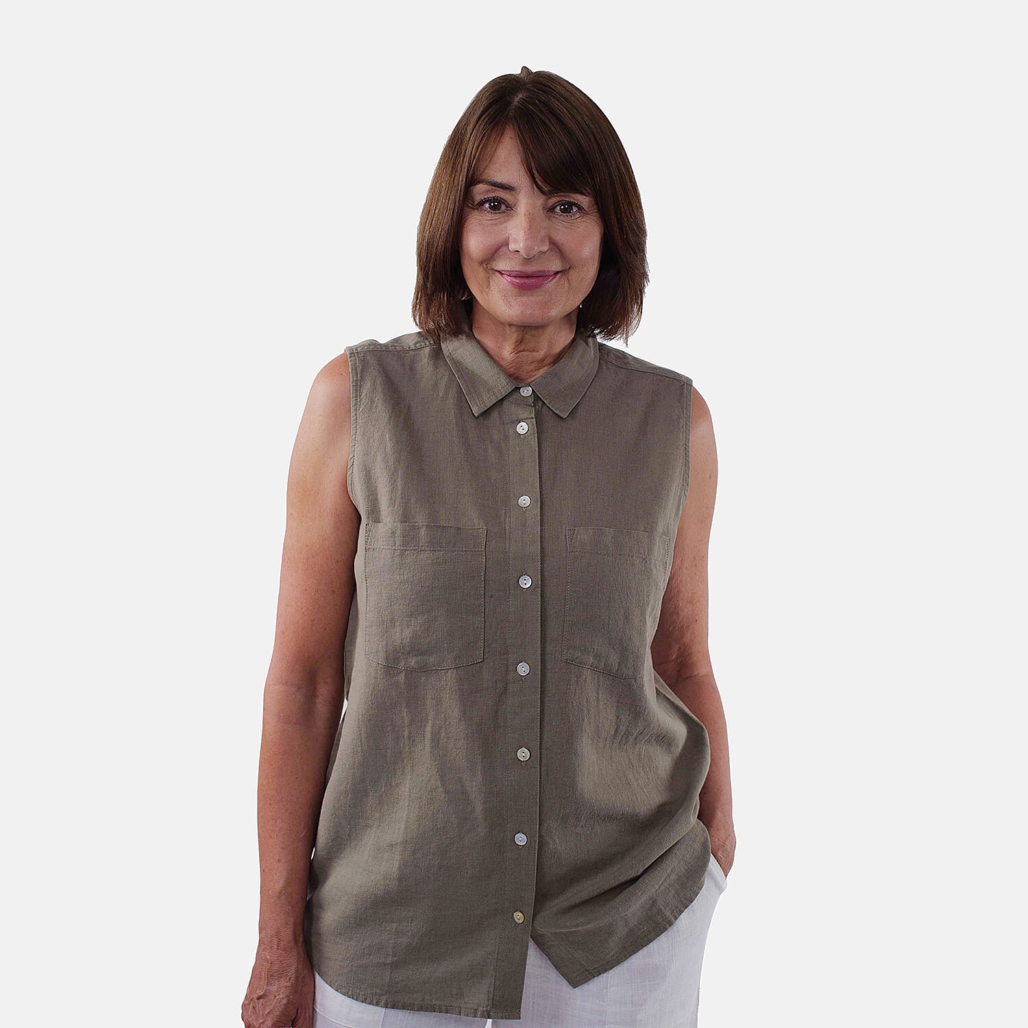 TAMSY Linen Sleeveless Button Through Shirt with Patch Pockets (Size 18) - Olive