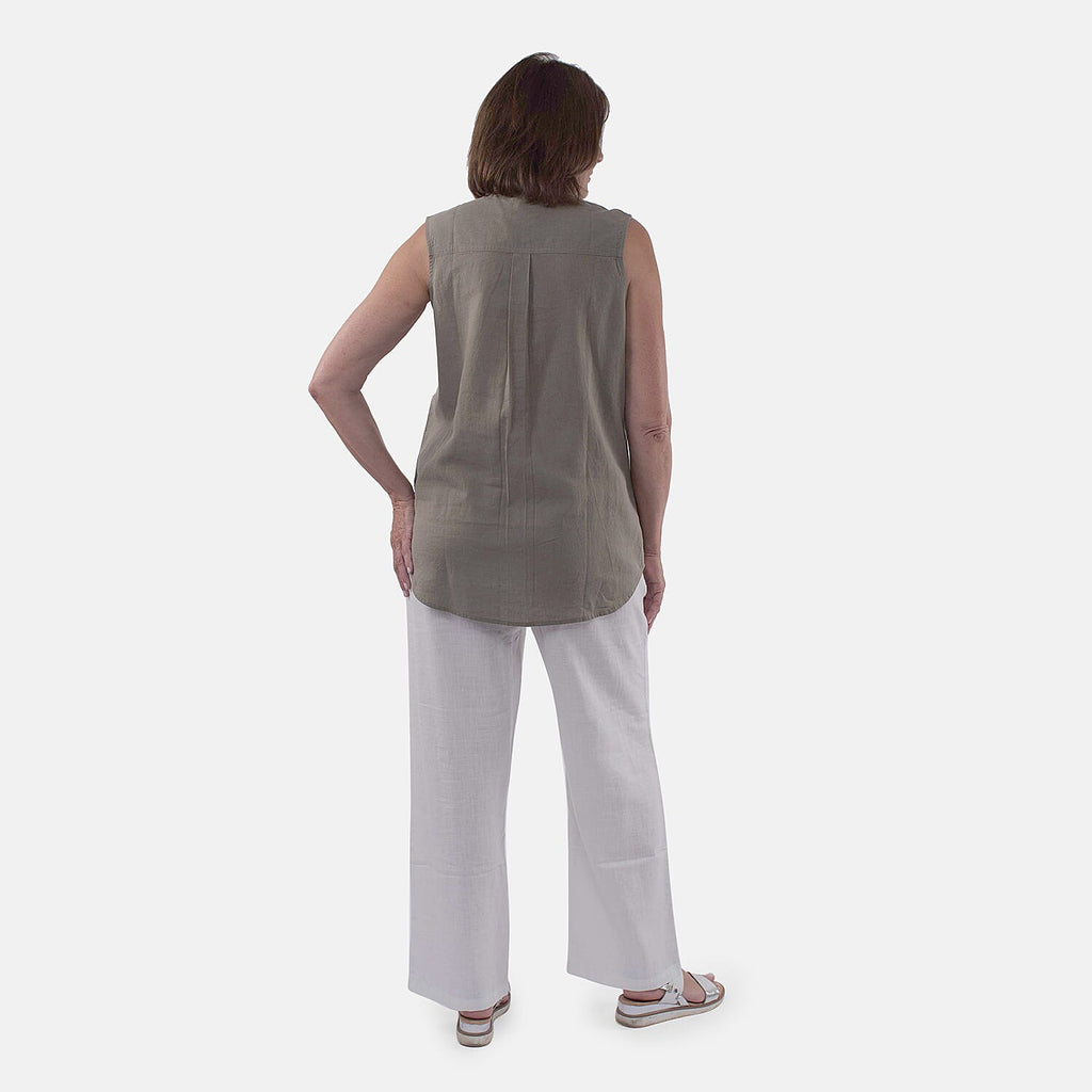 TAMSY Linen Sleeveless Button Through Shirt with Patch Pockets (Size 18) - Olive