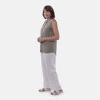 TAMSY Linen Sleeveless Button Through Shirt with Patch Pockets (Size 18) - Olive