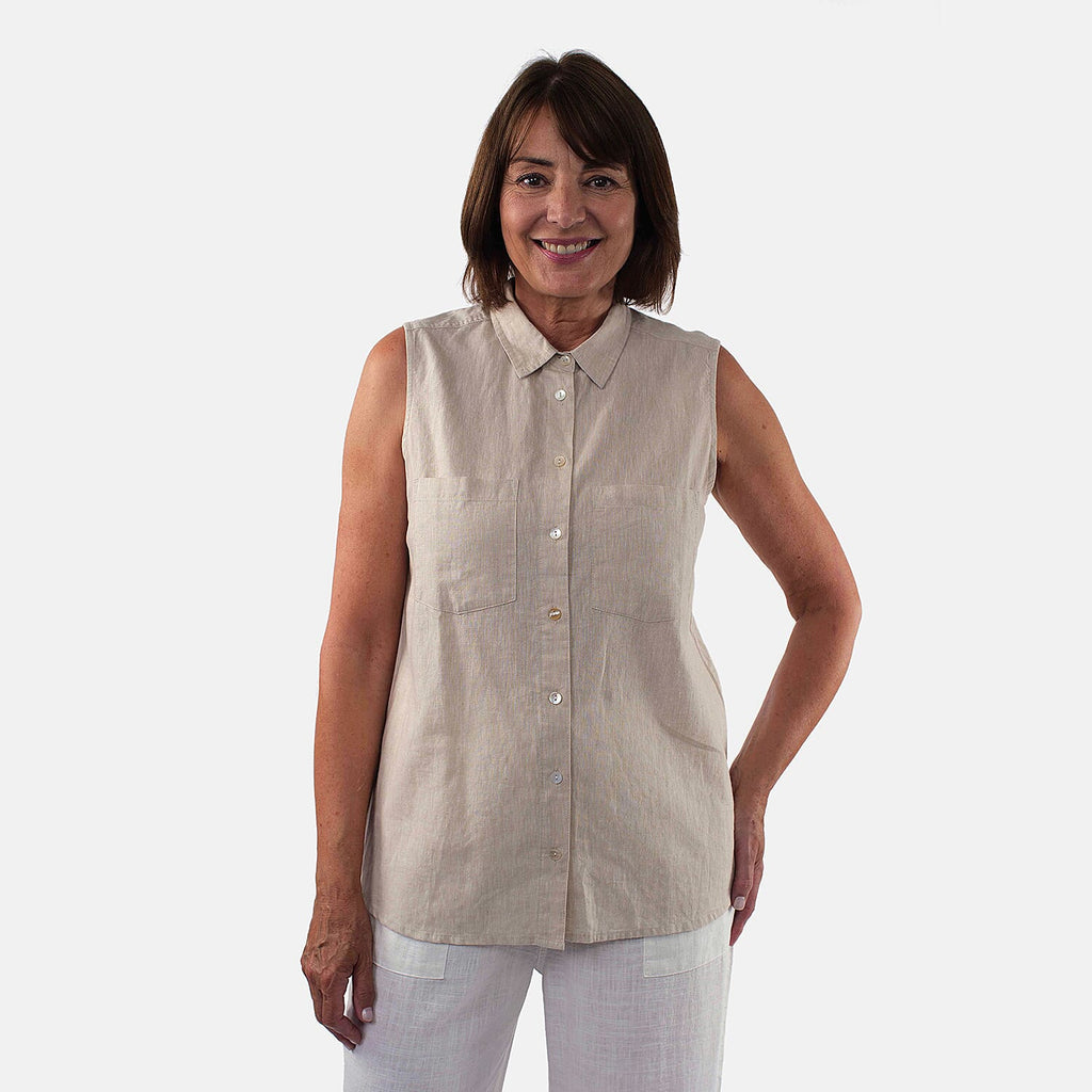 TAMSY Linen Sleeveless Button Through Shirt with Patch Pockets (Size 14) - Beige