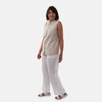 TAMSY Linen Sleeveless Button Through Shirt with Patch Pockets (Size 14) - Beige