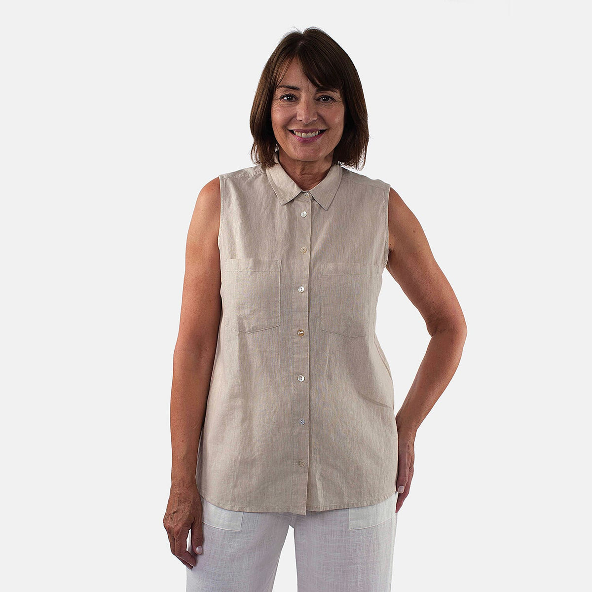 TAMSY Linen Sleeveless Button Through Shirt with Patch Pockets (Size 14) - Beige