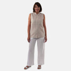 TAMSY Linen Sleeveless Button Through Shirt with Patch Pockets (Size 18) - Beige