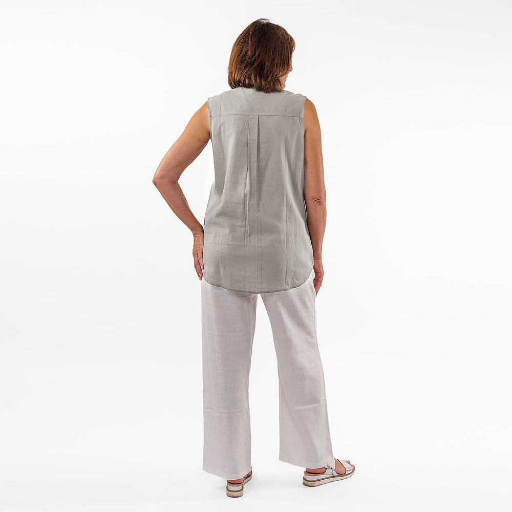 TAMSY Linen Sleeveless Button Through Shirt with Patch Pockets (Size 14) - Grey