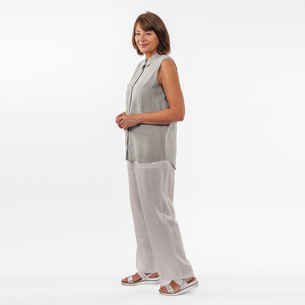 TAMSY Linen Sleeveless Button Through Shirt with Patch Pockets (Size 14) - Grey