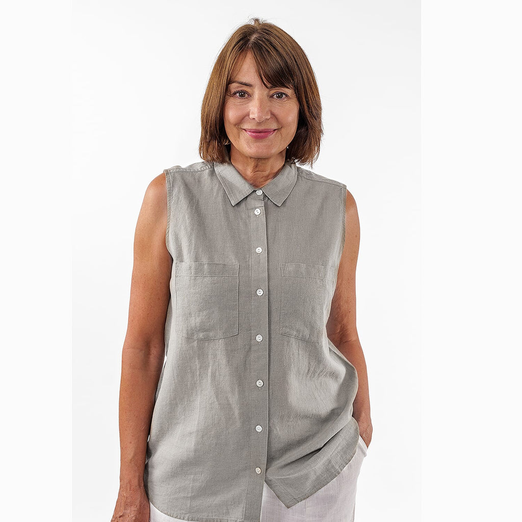 TAMSY Linen Sleeveless Button Through Shirt with Patch Pockets (Size 10) - Grey