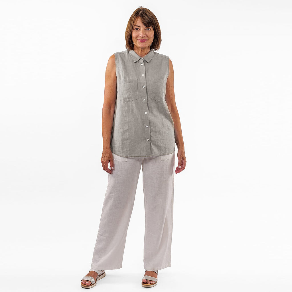 TAMSY Linen Sleeveless Button Through Shirt with Patch Pockets (Size 10) - Grey