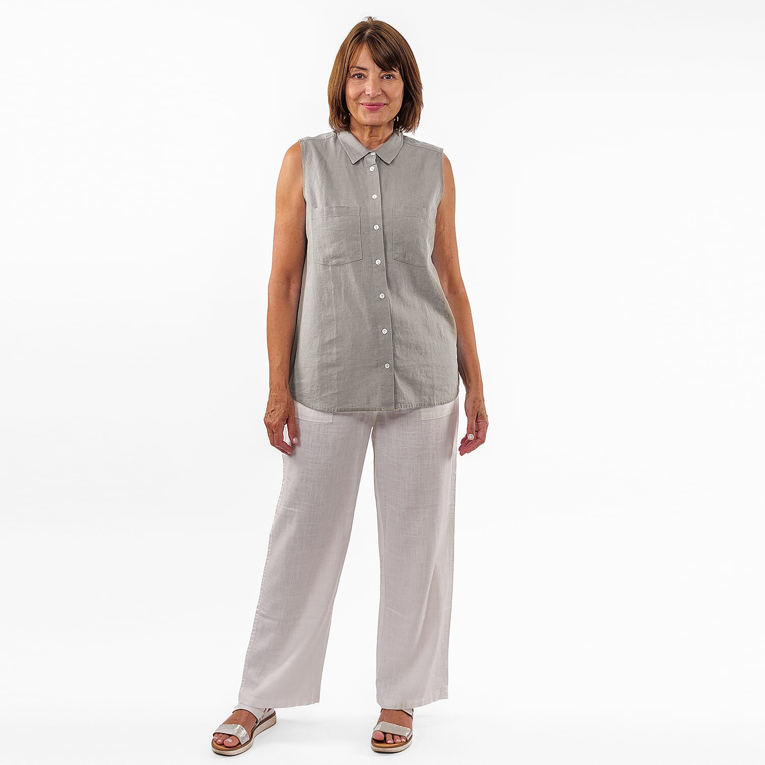 TAMSY Linen Sleeveless Button Through Shirt with Patch Pockets (Size 10) - Grey