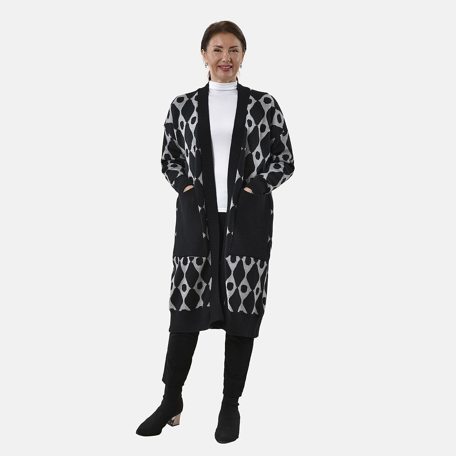 Tamsy Contrast Longline Coatigan One Size (8-22) - Black