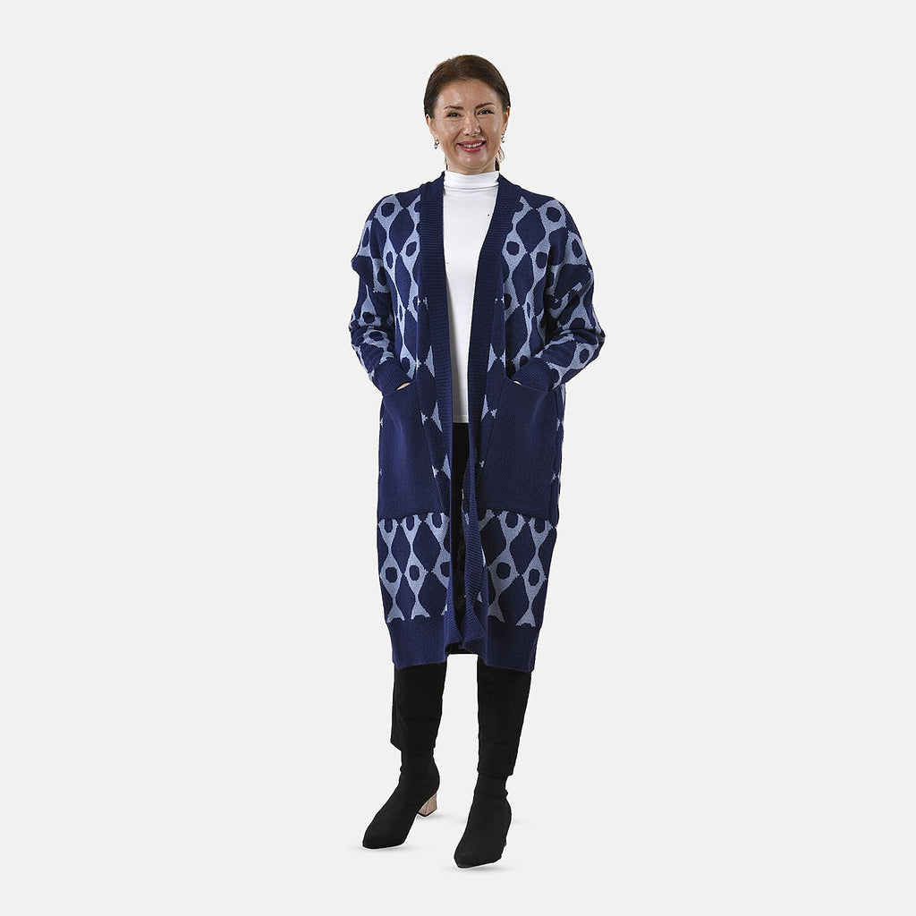 Tamsy Contrast Longline Coatigan One Size (8-22) - Dark Blue - Light Blue