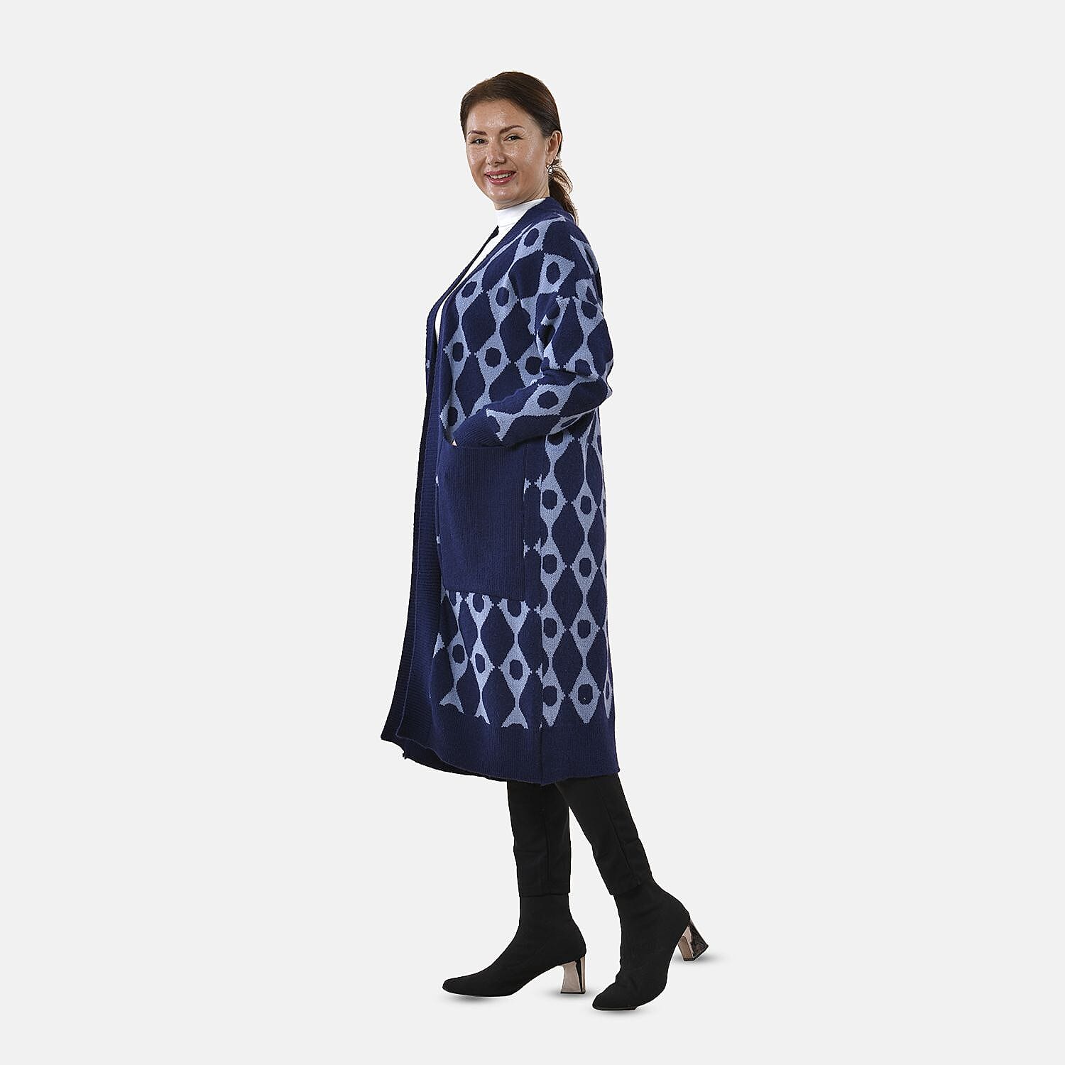 Tamsy Contrast Longline Coatigan One Size (8-22) - Dark Blue - Light Blue