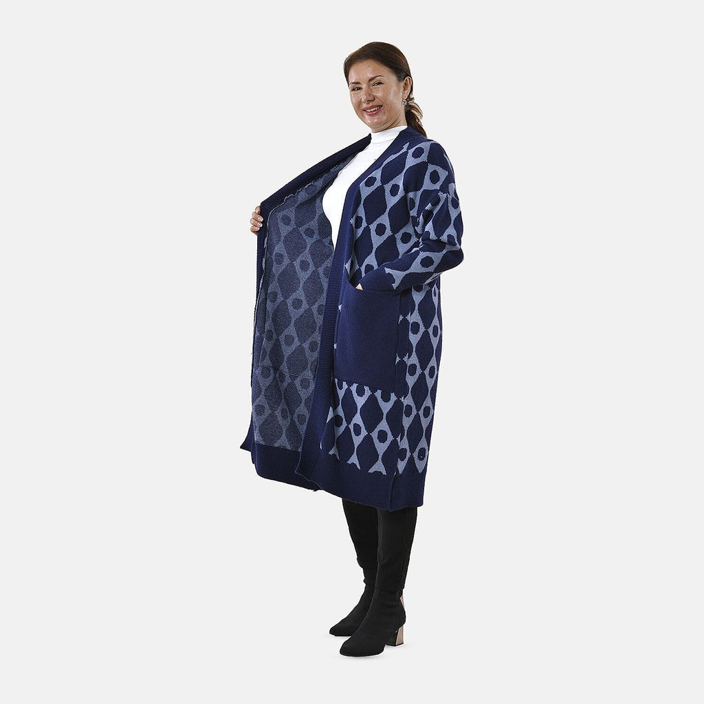 Tamsy Contrast Longline Coatigan One Size (8-22) - Dark Blue - Light Blue