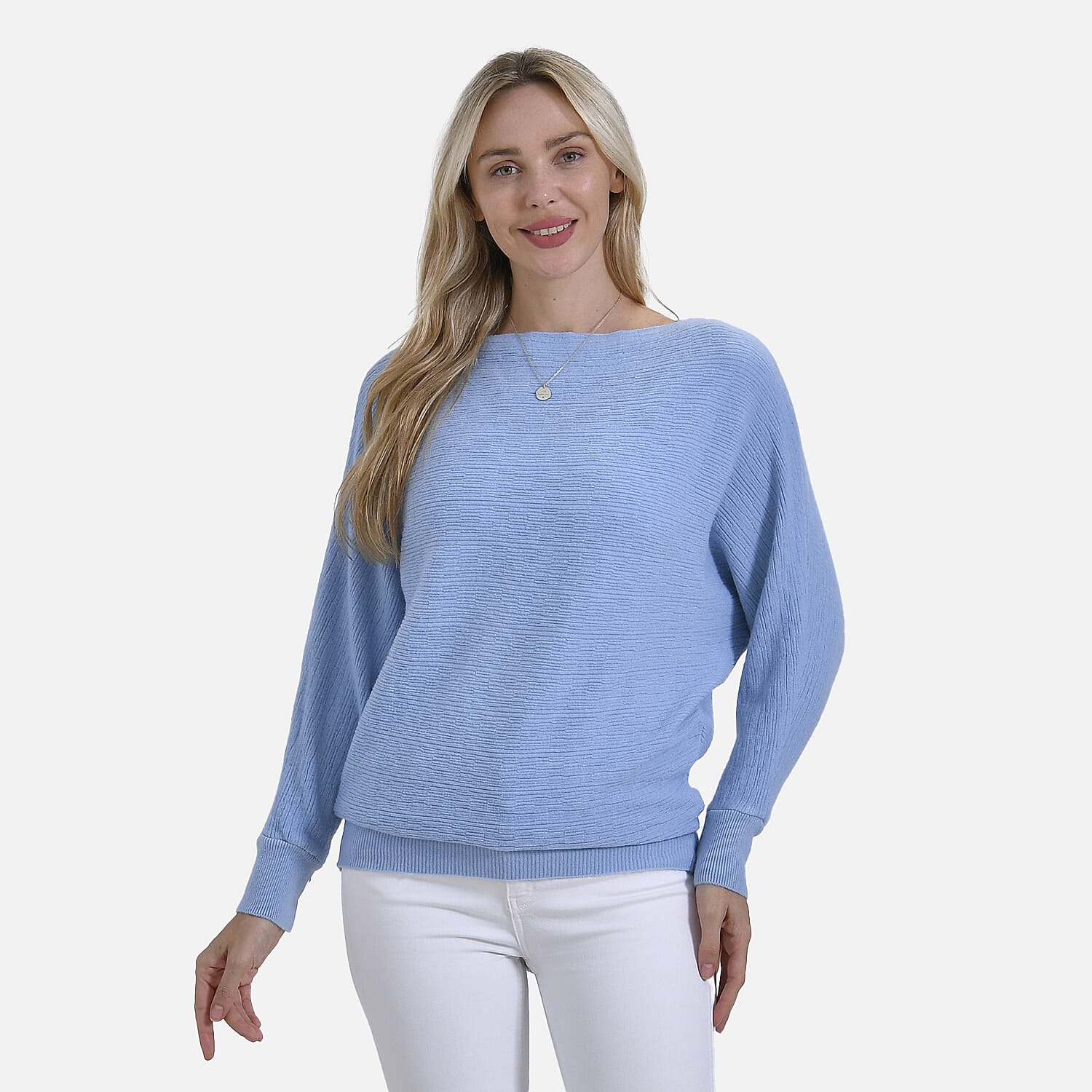 Tamsy Cotton Blend Boat Neck Bat Sleeve Jumper (One Size) - Light Blue