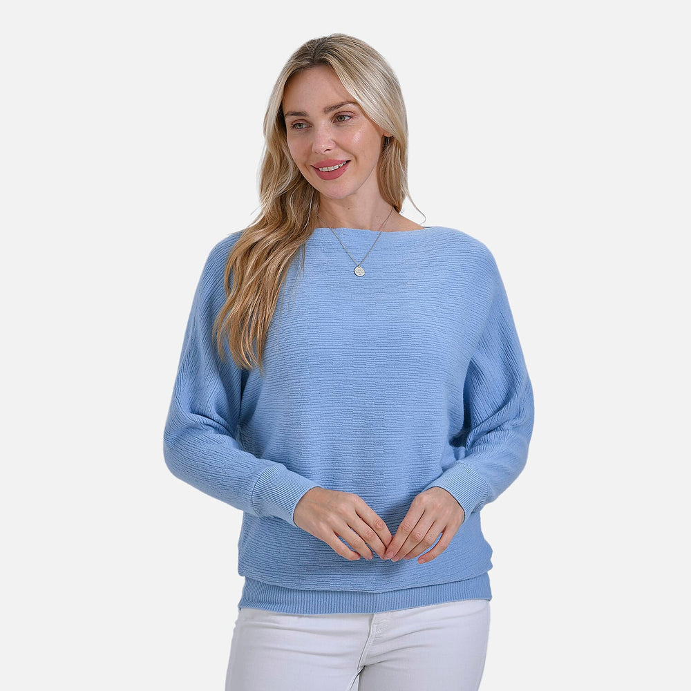 Tamsy Cotton Blend Boat Neck Bat Sleeve Jumper (One Size) - Light Blue