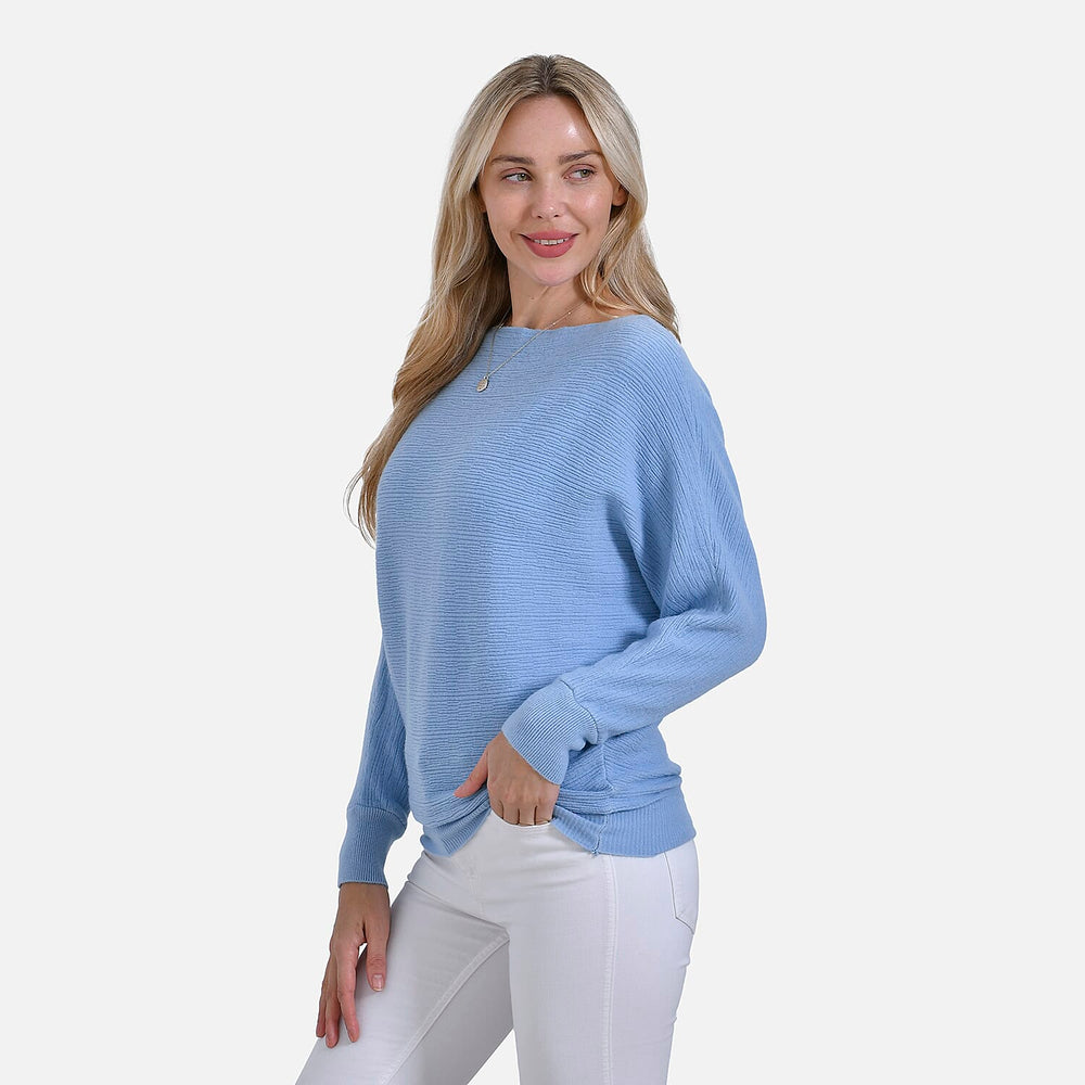 Tamsy Cotton Blend Boat Neck Bat Sleeve Jumper (One Size) - Light Blue