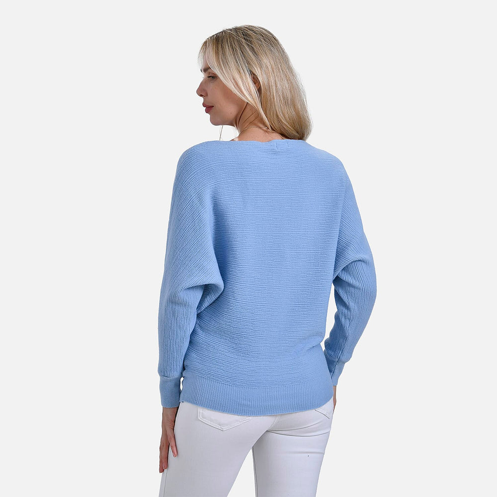 Tamsy Cotton Blend Boat Neck Bat Sleeve Jumper (One Size) - Light Blue