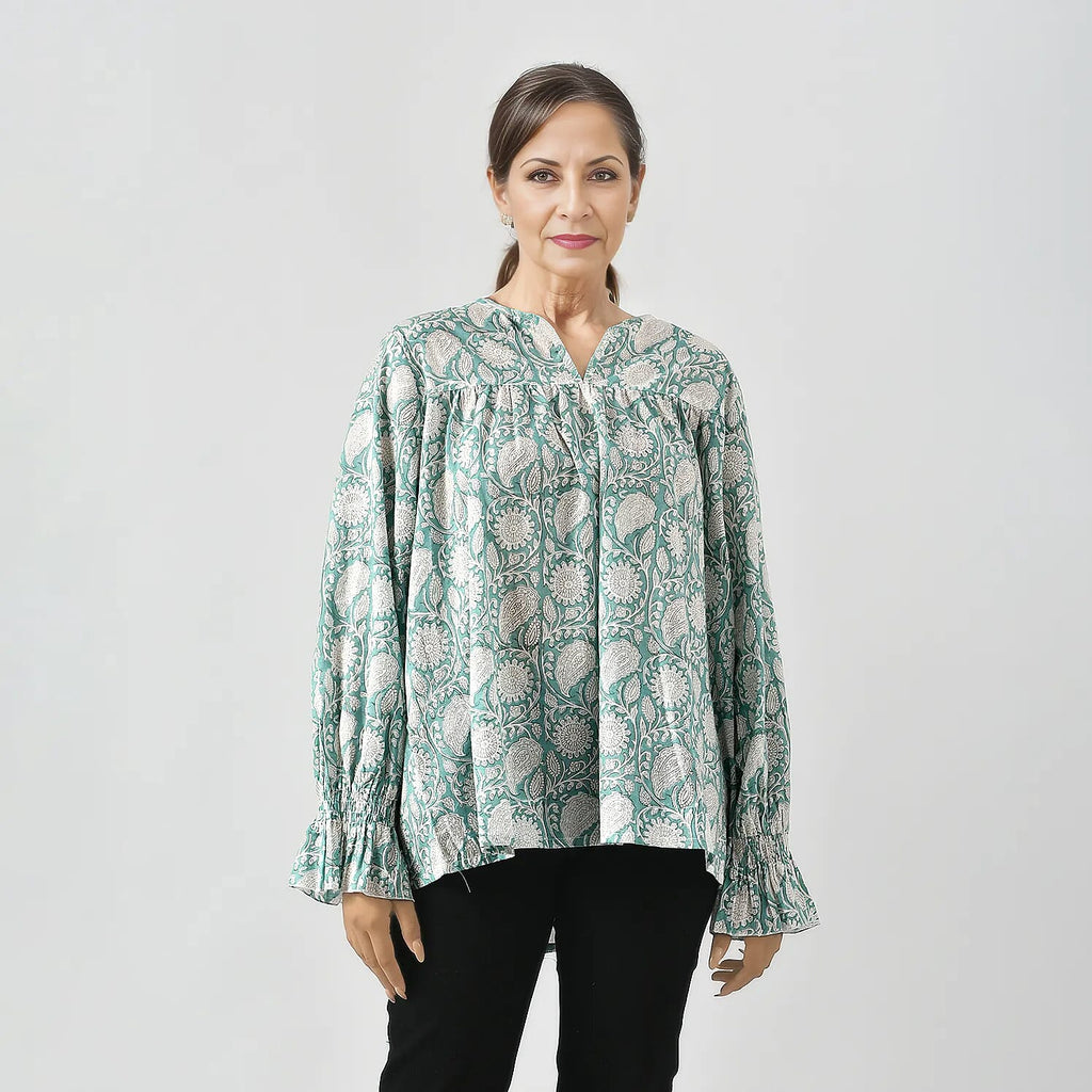 LA-MAREY Pure Cotton Block Print Blouse  (Size L - 16 to 18) - Turquoise & White