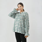 LA-MAREY Pure Cotton Block Print Blouse  (Size L - 16 to 18) - Turquoise & White