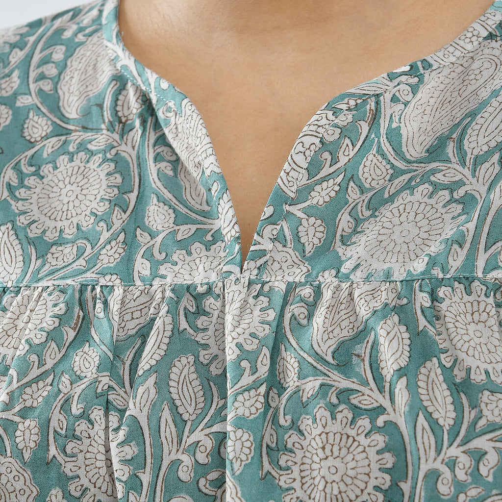 LA-MAREY Pure Cotton Block Print Blouse  (Size L - 16 to 18) - Turquoise & White