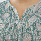 LA-MAREY Pure Cotton Block Print Blouse  (Size L - 16 to 18) - Turquoise & White