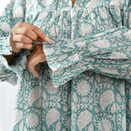 LA-MAREY Pure Cotton Block Print Blouse  (Size L - 16 to 18) - Turquoise & White