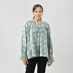 LA-MAREY Pure Cotton Block Print Blouse (Size XL - 20 to 22) - Turquoise & White