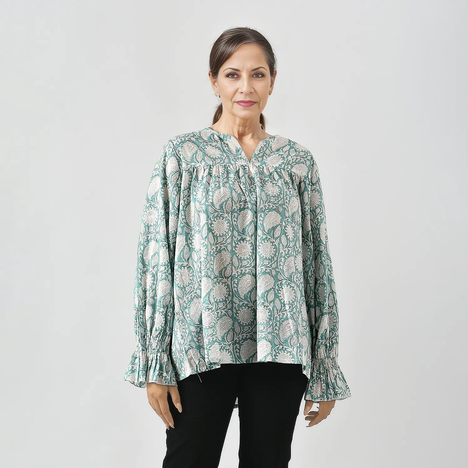 LA-MAREY Pure Cotton Block Print Blouse (Size XL - 20 to 22) - Turquoise & White