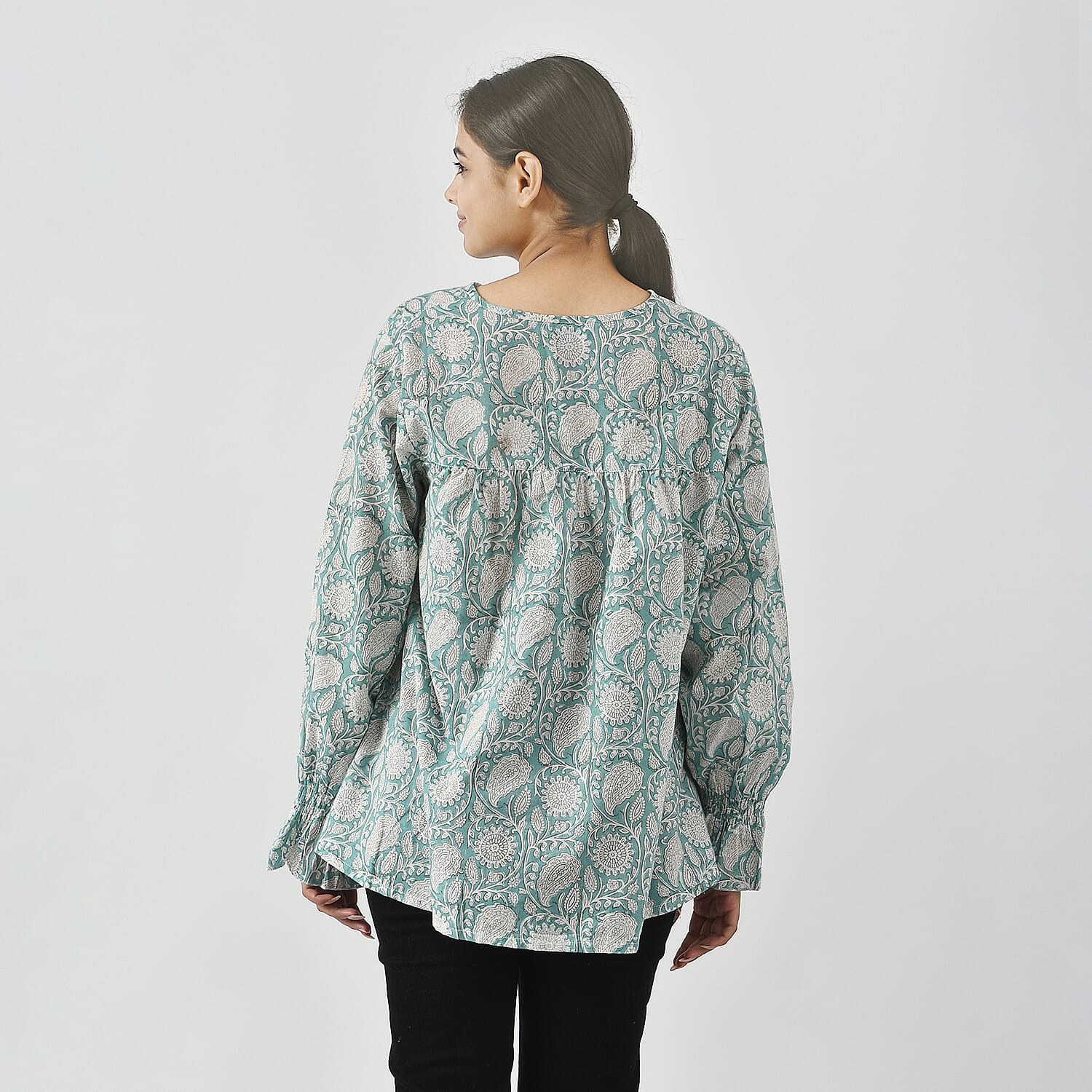 LA-MAREY Pure Cotton Block Print Blouse (Size XL - 20 to 22) - Turquoise & White
